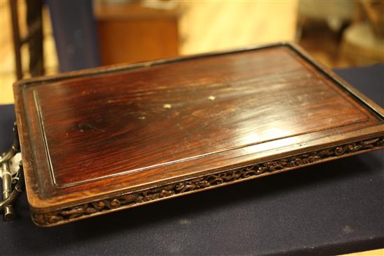 A late 19th/early 20th century Chinese silver mounted rosewood tray by Woshing, Shanghai, 21.75in over handles.
